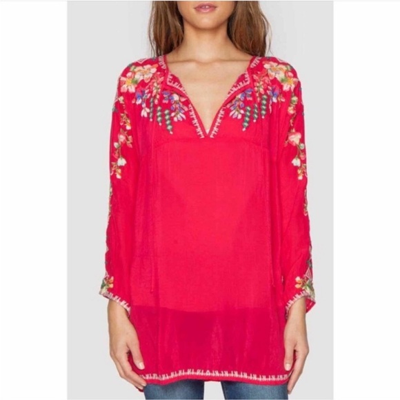 JOHNNY WAS Vanessa Cupro Blouse Red Embroidered Long Sleeve Tunic Top Medium - Picture 3 of 8